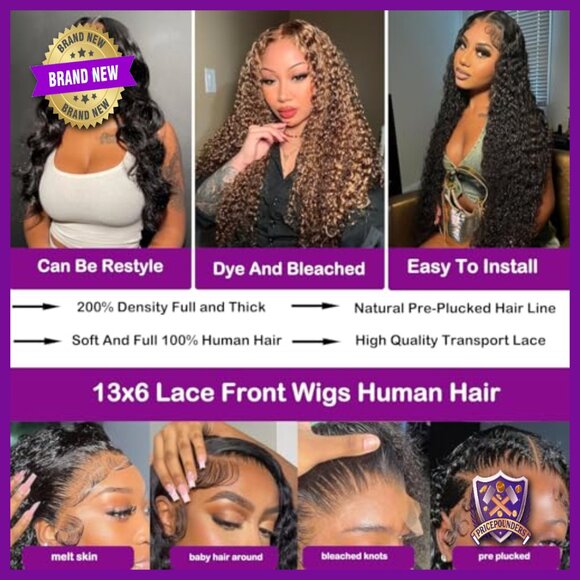 13x6 Lace Front Wig Human Hair Deep Wave 200% Density Glueless main image 5